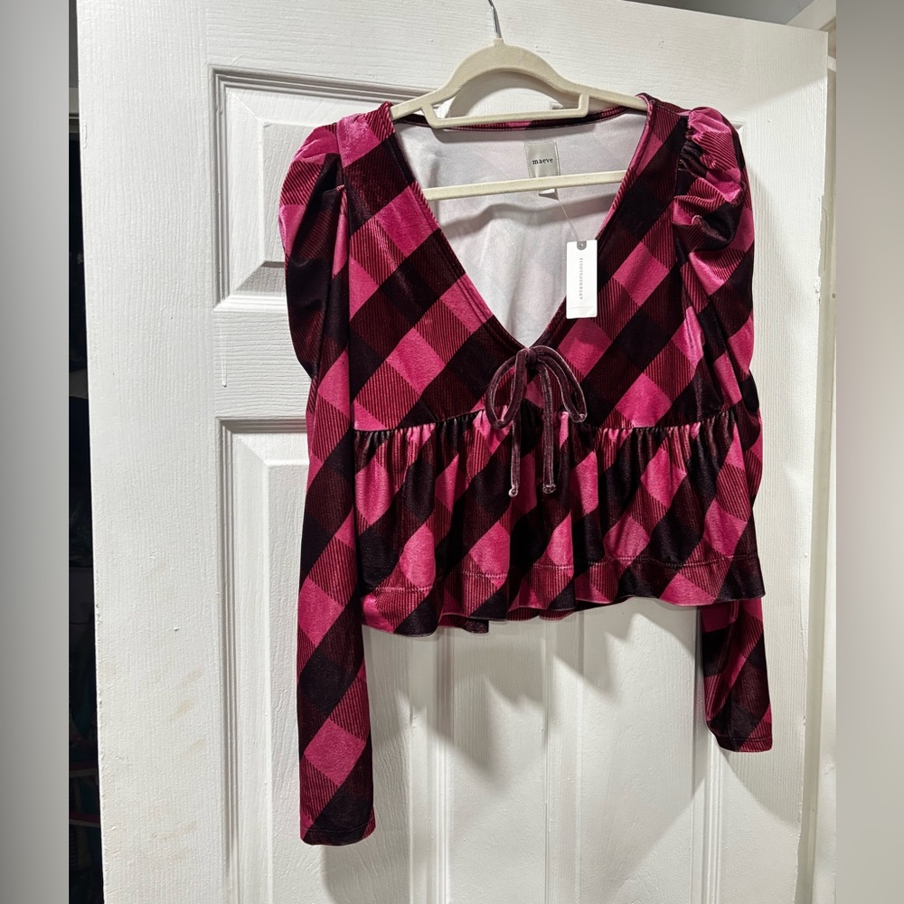 Anthropologie Maeve Pink and Black Crop Tie Front Blouse